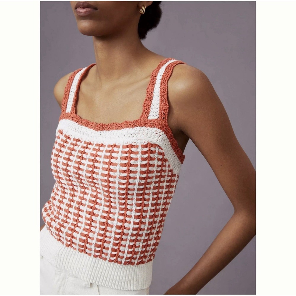 Anthropologie Maeve Preston Crochet Sweater Tank Size Medium Knit Orange & White